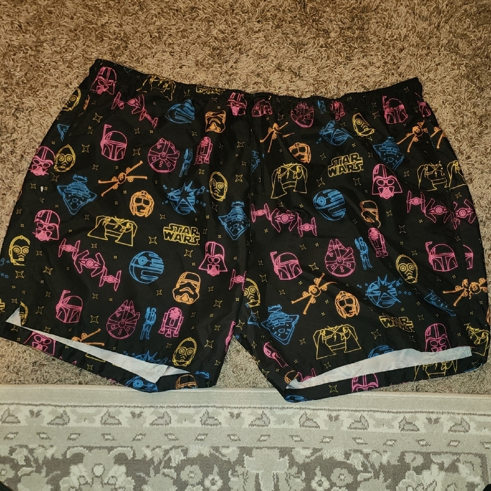 Star Wars Black Swim Trunks with Pink, Blue, and Yellow Designs